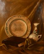 Follower of William Nicholson, a still life with china and a book, oil on canvas, 29