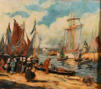 Follower of Henri Barnoin, A scene of figures on a busy quay with the boat drying sails, oil on