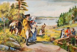 19th Century School, possibly colonial American, soldiers and other figures in a bay with ships