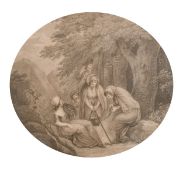 18th century scene of figures cooking around a campfire, print, verre eglomise frame, 12