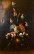 20th century school, A still life of mixed flowers in a vase, oil on canvas, 28