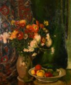 Diels (early 20th century) Continental School, A still life of flowers with a bowl of mixed fruit,
