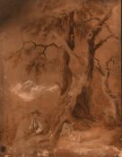 19th century continental school, A scene of a resting shepherd and his flock with mountains