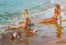 Yuri Krotov (b.1964) Russian, 'Young Sunbathers', signed oil on canvas 15