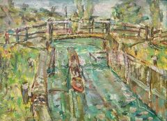 20th century English school, 'Bridge Over The River Wey', Figures on a bridge with a rowing boat