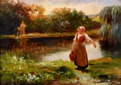Late 19th century French school, Washerwoman collecting water, oil on canvas, indistinctly signed '