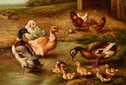 20th century school, Ducks and their chicks, in a farmyard, oil on board, indistinctly signed, 14