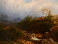 19th century English school, a rocky river Highland landscape, oil on board, 12