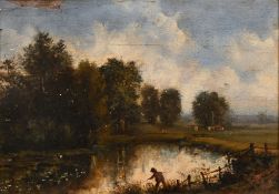 19th century school, a scene of a figure fishing in a pond with cows in a landscape beyond, oil on