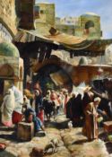 20th century, A busy street scene with a marketplace, possibly North Africa, oil on board, 16