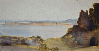 Attributed to Jessie Corrie, A coastal scene with ruins in the foreground, watercolour, signed and
