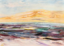 Mark Newman (20th Century). A Vibrant Coastal Scene with Hills beyond, Oil on Canvas, Signed and