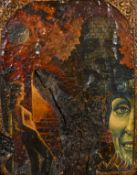 20th century, a scene of ghoulish figures at night, mixed media on an old icon, signed BMA 83, 13