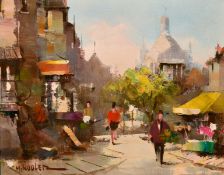 Harry Koolen (1904-1985) Dutch, figures on a busy continental street, with a cathedral beyond, oil