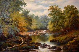 Henry Hellewell (19th Century) British, 'Salmon Pool on the Greta', A view of an angler by a