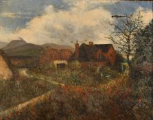 British School, circa 1927, a scene of farm buildings with hills beyond, oil on canvas, indistinctly
