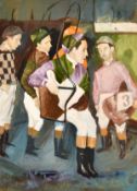 Reginald Llewellyn Harvey (b.1927) British, Jockeys weighing in, oil on board, signed, 24