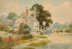 Lewis Mortimer (f. 1920-1930) British, a scene of a country pub with wayfarers passing by,