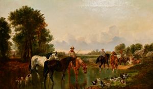 Circle of John Frederick Herring Jr. (1820-1907) British, A scene of drovers taking horses across