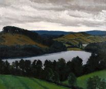 20th century school, A hillside lake with mountains beyond, oil on canvas, 20