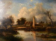 Joseph Thors (1835-1884) Dutch/British, Figures in boats by an angler with farm buildings in the