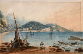 19th century school, a coastal scene of figures repairing boats on the shoreline with a town beyond,