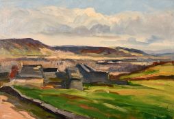 Marin Genoud (1893-1966) French, A study of farm buildings with hills beyond, oil on panel,