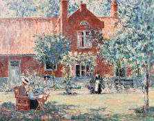 20th century school, Figures resting in a country house garden in summer, oil on canvas,