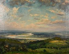 Early 20th century English school, an extensive panorama with a winding river, oil on canvas, signed