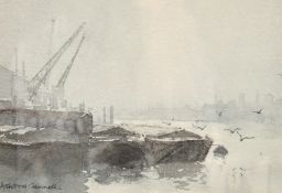 Ashton Cannell (1927-1944) British, A scene of a dockyard on an overcast day, watercolour, signed,