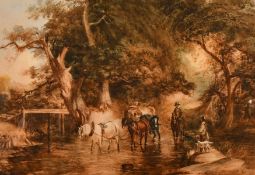 19th century English school, wayfarers and horses by a country stream, watercolour, 14