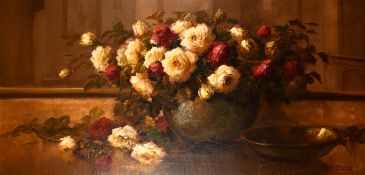 Kees Terlouw (1890-1948) Dutch, a still life study of roses in a bowl, oil on board, signed, and a