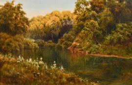 E. H. Thompson (1866-1949) British, A river meandering through a scenic wooded landscape,