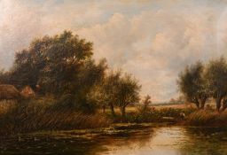 Joseph Thors (1835-1884) Dutch, figures by a riverbank with cattle in a distant landscape, oil on