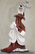 Circle of Cecil Beaton (1904-1980) British, fashion design illustration of a lady with a parasol (