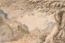 Anthony Devis (1729-1817) British, A mountain landscape with figures, pen & ink with coloured