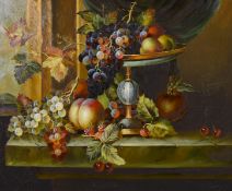 B. Ward (20th century), A still life of fruit and vines on a marble ledge, oil on canvas, signed,