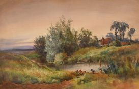 152. J.C. Scherbey, British, Figures on a riverbank with a sailboat and a castle beyond,