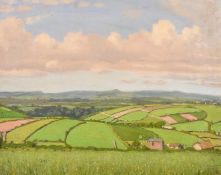 Robert Morson Hughes (1873-1953) British, A view of farmland with wildflowers in the foreground, oil