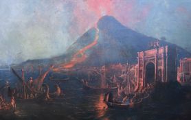 19th century school, Mount Vesuvius erupting with classical buildings in the foreground, oil on