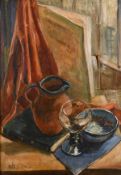 Betty Myer, A still life of a glass jug and a bowl on the table, oil on canvas, signed with a