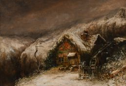 William Thomas Such (1820-1893) British. A winter scene, with sheep by a thatched cottage, oil on