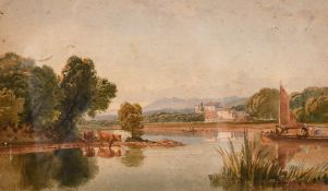 Circle of Varley, Barges on a river with buildings and hills beyond, watercolour, 7