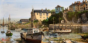 William 'Bill' Stockman (1935-2021) Brixham Harbour, moored boats with figures on a quay, oil on