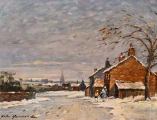 John Hammond Harwood (1904-1980), British, figures walking in the snow at dusk with a church beyond,