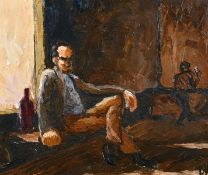 Modern British school, Circle of Dunlop, figures in a pub interior, oil on canvas, indistinctly