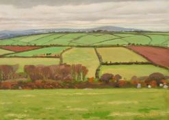 Robert Morson Hughes (1873-1953) British, A view of farmland with distant hills, oil on board