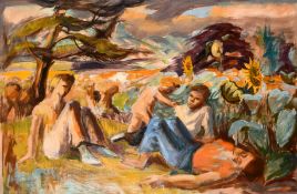 Phyllis Bray (1911-1991) British, Figures resting by sunflowers in a landscape with hills beyond,