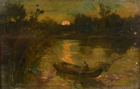 19th century continental school, Figures in a rowing boat on a tree lined river at dusk, oil on