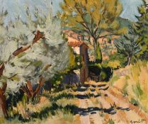 Smith, 20th century school, A continental view of a country house with hills beyond, oil on